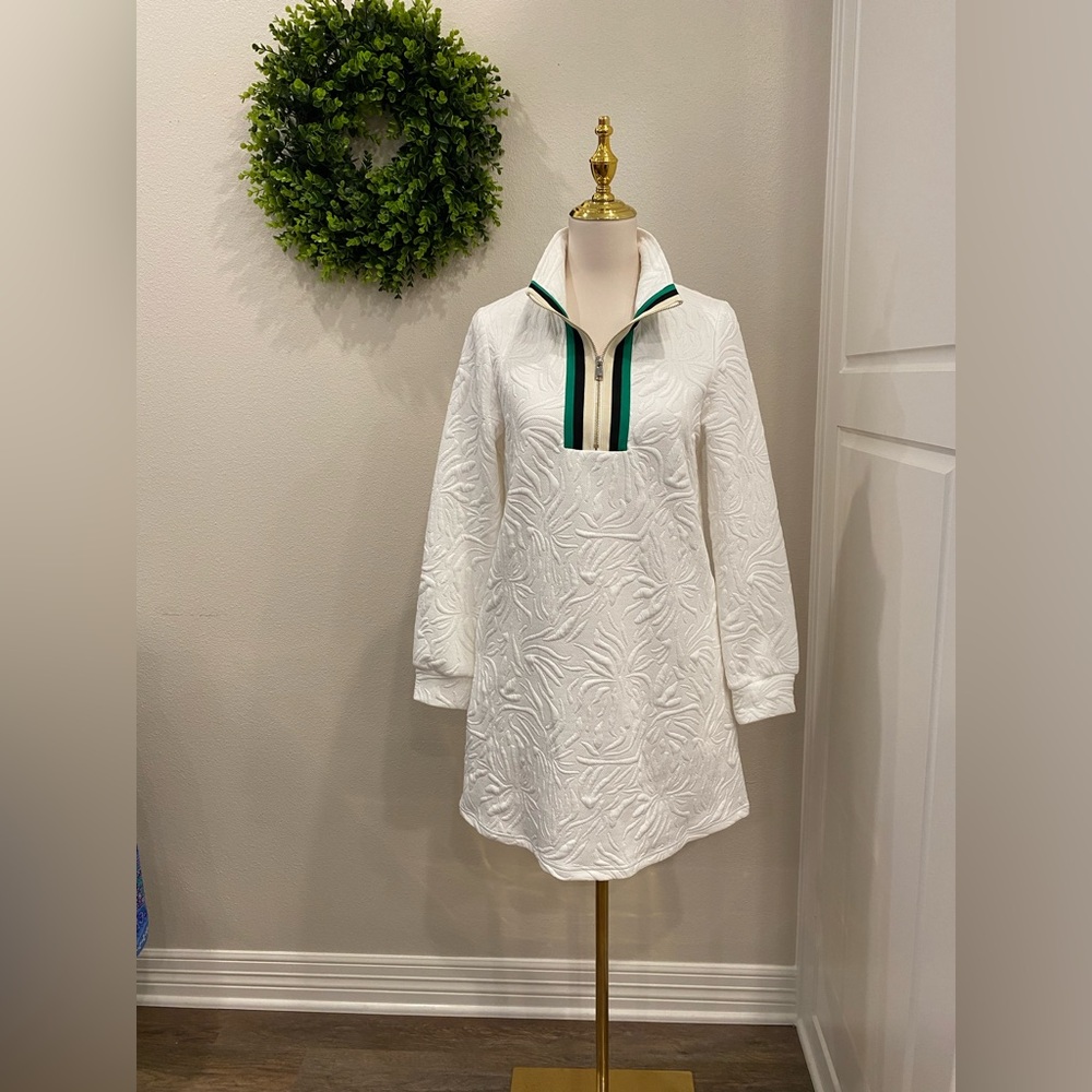 White Textured Pullover Dress with Green Trim
